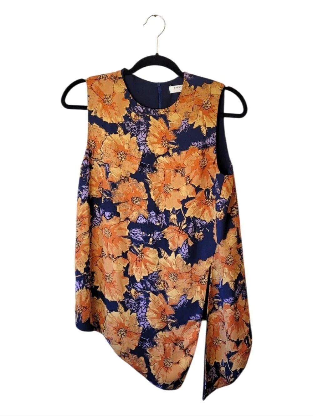 Babaton Navy & Orange Floral Draped Shell With Asymmetrical Hem Size S